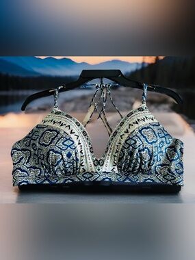 Athleta Aqualuxe Molded Cup Straps Prism Bikini Top Womens XL Blue Paisley